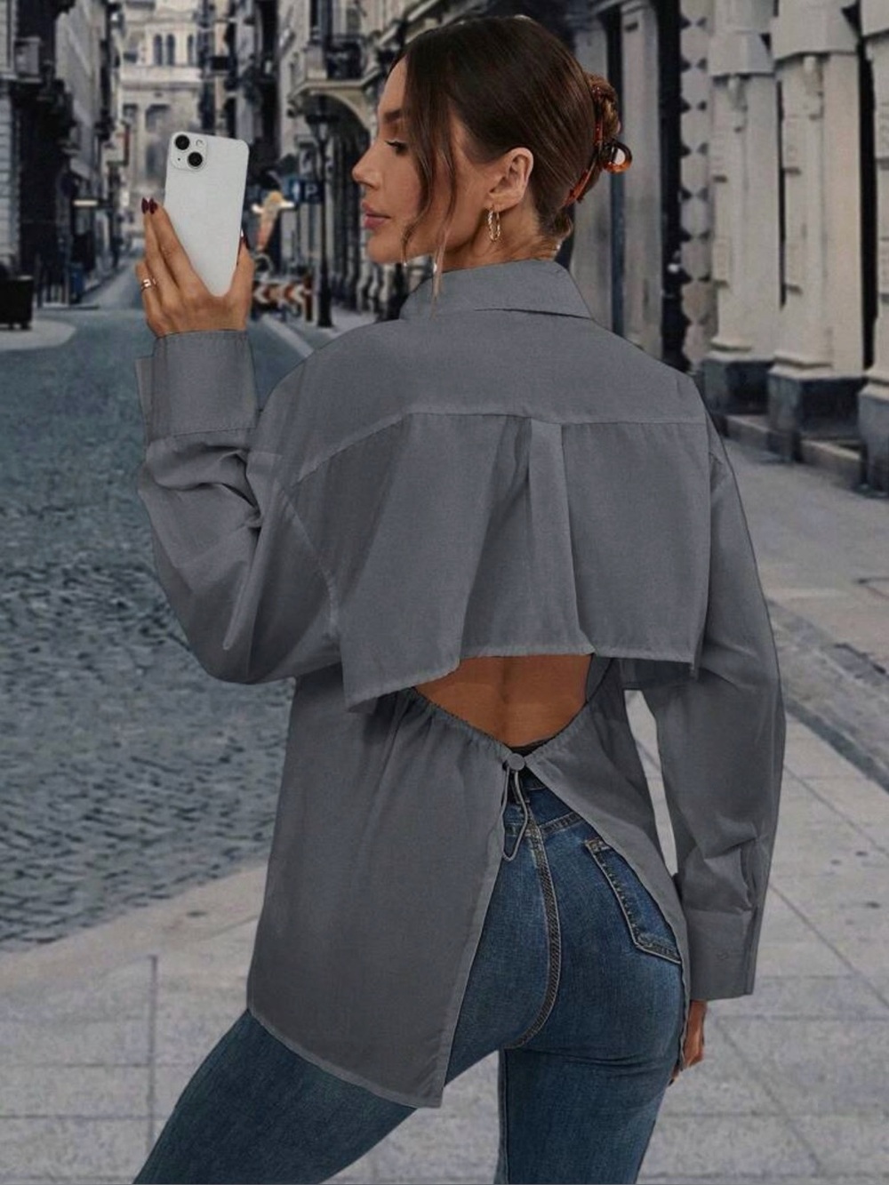 3/$45 Gray Casual Button-Down Shirt with Back Tie Detail